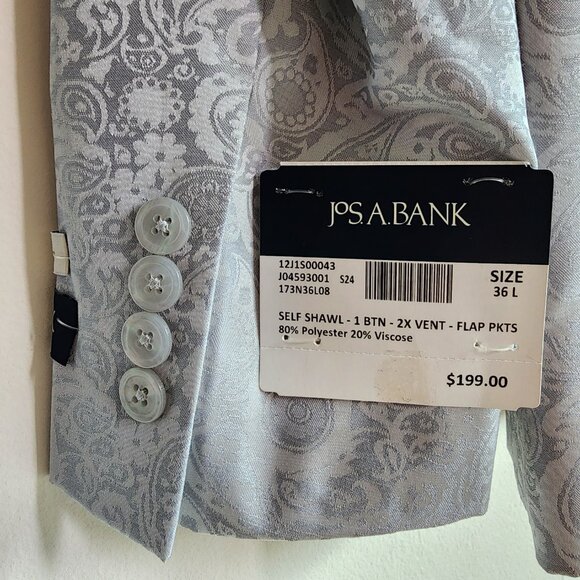 36L Dinner Jacket Silver Gray Shawl Lapel Skinny Fit Long New Jos A Bank Paisley - Picture 5 of 17